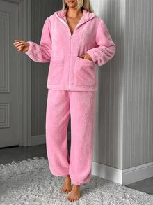 SHEIN Soft Pink Zip Up Welsoft Plush Lounge Set With Pockets - Pink - View 4