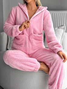 SHEIN Soft Pink Zip Up Welsoft Plush Lounge Set With Pockets - Pink - View 5