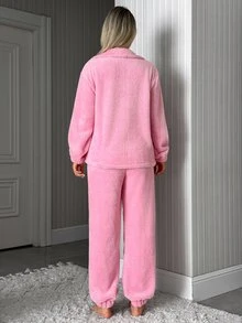 SHEIN Soft Pink Zip Up Welsoft Plush Lounge Set With Pockets - Pink - View 2