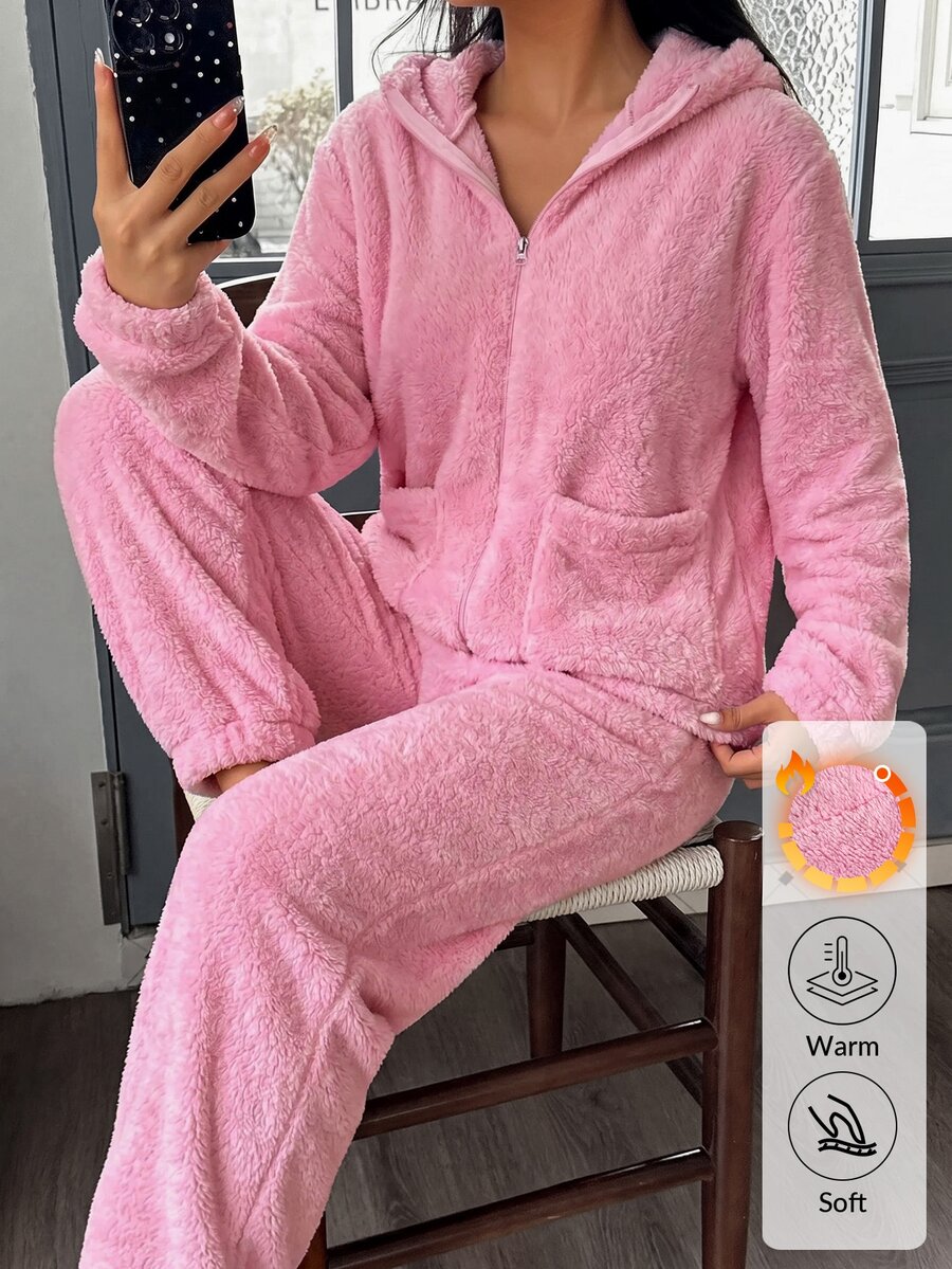 SHEIN Soft Pink Zip Up Welsoft Plush Lounge Set With Pockets - Pink - View 1