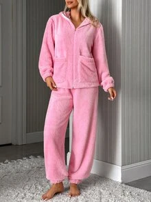 SHEIN Soft Pink Zip Up Welsoft Plush Lounge Set With Pockets - Pink - View 3