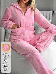 SHEIN Soft Pink Zip Up Welsoft Plush Lounge Set With Pockets - Pink - View 7