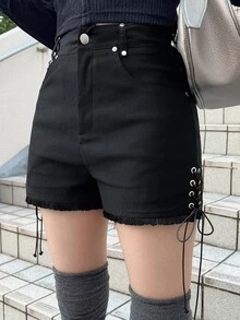FRIFUL 女款夏季休閒交叉綁帶短褲 - 黑色 - 查看 8