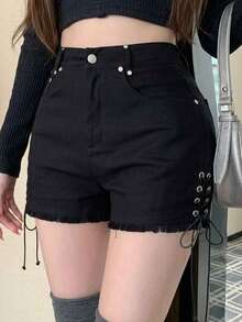 FRIFUL 女款夏季休閒交叉綁帶短褲 - 黑色 - 查看 1