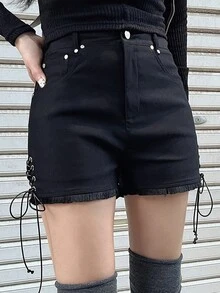 FRIFUL 女款夏季休閒交叉綁帶短褲 - 黑色 - 查看 7