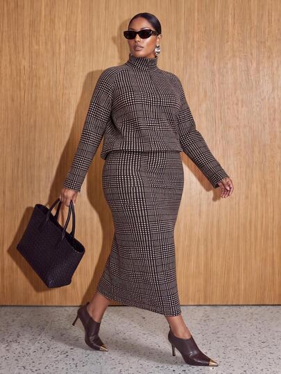 Veslaya Plus Size Plaid Print High Neck Raglan Sleeve Top & Skirt Set