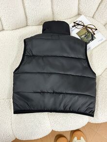 SHEIN Kids Tween Girl Tween Girls Winter Autumn Coats Thermal Lined Vest Jacket School Student Black And White Modest Graphic - Black - View 6