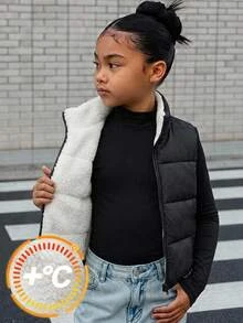 SHEIN Kids Tween Girl Tween Girls Winter Autumn Coats Thermal Lined Vest Jacket School Student Black And White Modest Graphic - Black - View 2