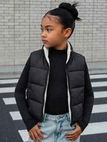 SHEIN Kids Tween Girl Tween Girls Winter Autumn Coats Thermal Lined Vest Jacket School Student Black And White Modest Graphic - Black - View 3