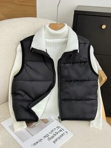 SHEIN Kids Tween Girl Tween Girls Winter Autumn Coats Thermal Lined Vest Jacket School Student Black And White Modest Graphic - Black - View 4