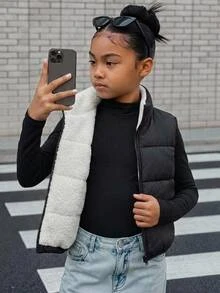 SHEIN Kids Tween Girl Tween Girls Winter Autumn Coats Thermal Lined Vest Jacket School Student Black And White Modest Graphic - Black - View 1