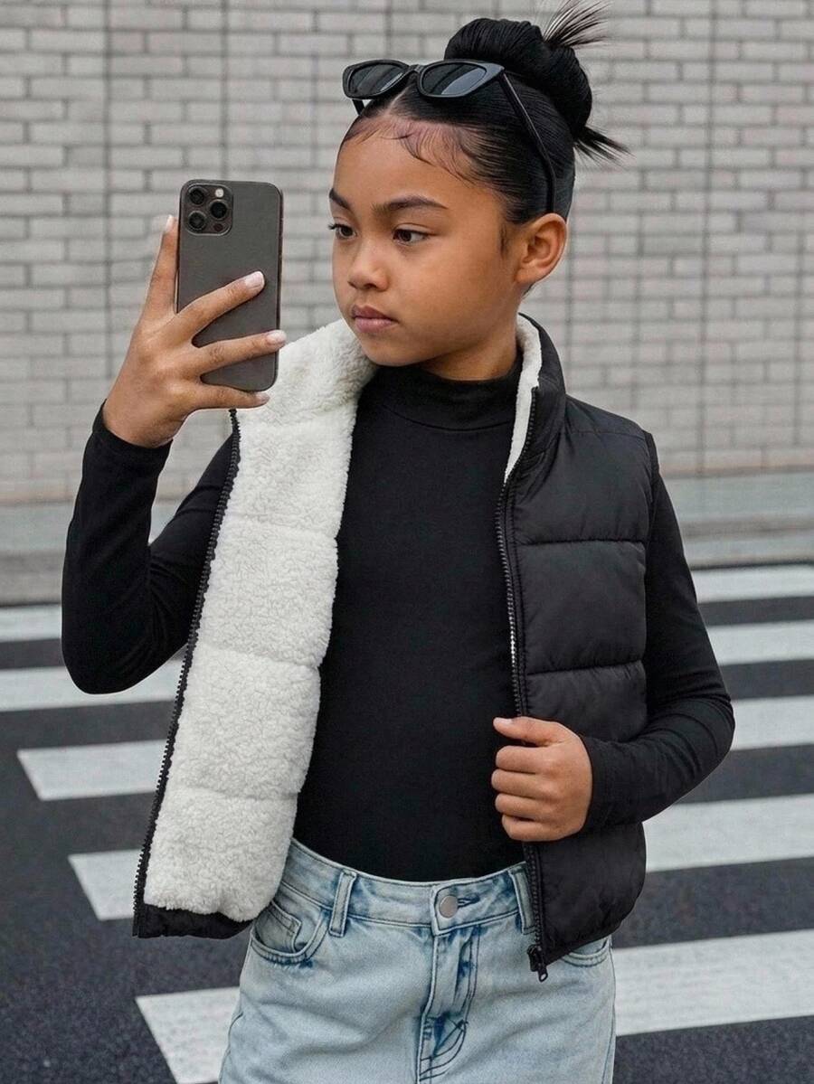 SHEIN Kids Tween Girl Tween Girls Winter Autumn Coats Thermal Lined Vest Jacket School Student Black And White Modest Graphic - Black - View 1