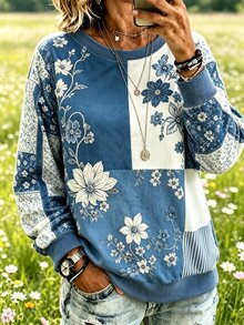 Breezaya 女款花卉圓領印花休閒春秋長袖衛衣 - 彩色 - 查看 4
