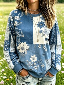 Breezaya 女款花卉圓領印花休閒春秋長袖衛衣 - 彩色 - 查看 3