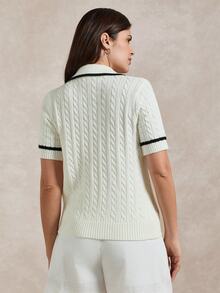 Briarwyn 夏季女士休闲撞色滚边小熊刺绣短袖毛衣，夏季/女士学院风麻花针织小熊刺绣撞色滚边Polo领短袖针织上衣，夏季，度假，复古风格，学院风 - 白色 - 查看 7