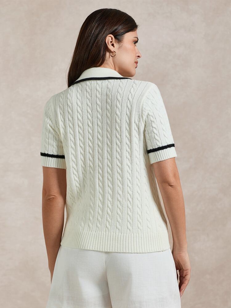 Briarwyn Autumn Women's Casual Cute Contrast Trim Bear Embroidery Short Sleeve Polo Collar Cable Knit Top White And Black School Back-To-School Old Money Style - White - View 7