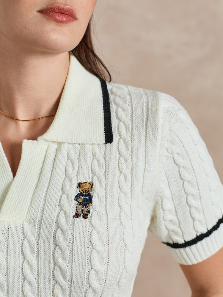 Briarwyn Autumn Women's Casual Cute Contrast Trim Bear Embroidery Short Sleeve Polo Collar Cable Knit Top White And Black School Back-To-School Old Money Style - White - View 2