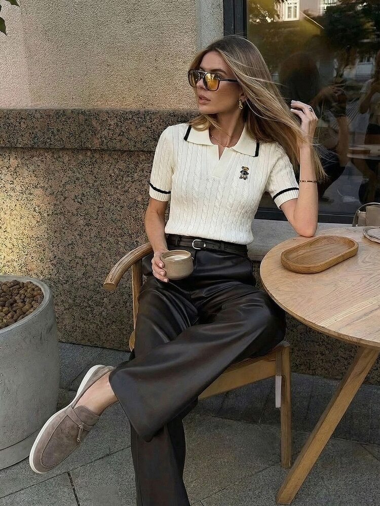 Briarwyn Autumn Women's Casual Cute Contrast Trim Bear Embroidery Short Sleeve Polo Collar Cable Knit Top White And Black School Back-To-School Old Money Style - White - View 5