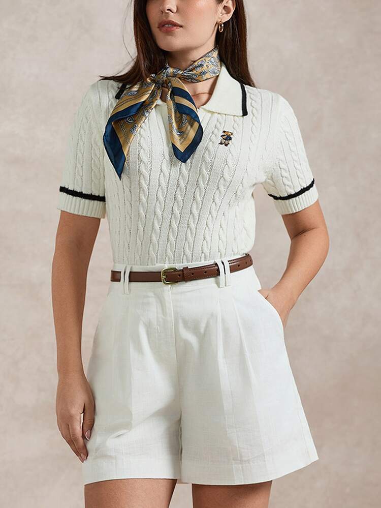 Briarwyn Autumn Women's Casual Cute Contrast Trim Bear Embroidery Short Sleeve Polo Collar Cable Knit Top White And Black School Back-To-School Old Money Style - White - View 4