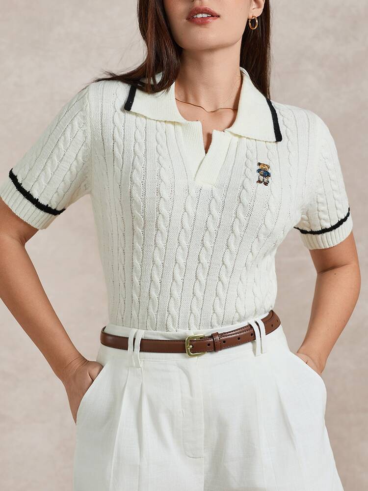 Briarwyn Autumn Women's Casual Cute Contrast Trim Bear Embroidery Short Sleeve Polo Collar Cable Knit Top White And Black School Back-To-School Old Money Style - White - View 3