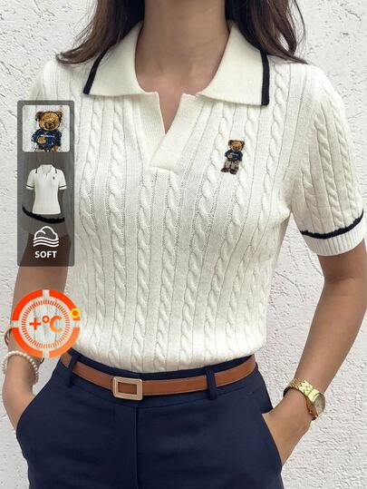 Briarwyn 夏季女士休闲撞色滚边小熊刺绣短袖毛衣，夏季/女士学院风麻花针织小熊刺绣撞色滚边Polo领短袖针织上衣，夏季，度假，复古风格，学院风