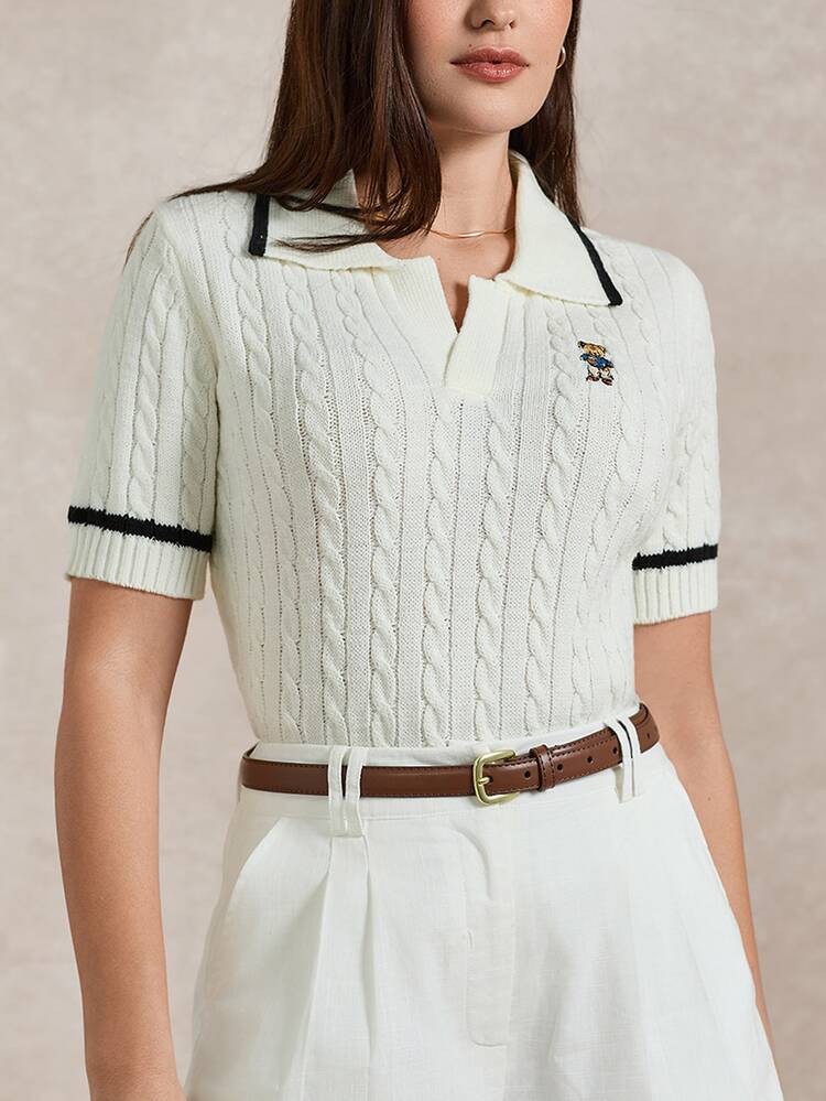 Briarwyn Autumn Women's Casual Cute Contrast Trim Bear Embroidery Short Sleeve Polo Collar Cable Knit Top White And Black School Back-To-School Old Money Style - White - View 8