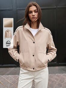 Briarwyn Fall And Winter Beige Stand Collar Shoulder Button Short Loose Casual Jacket With Drawstring Hem Everyday Road Trip Travel Autumn - Khaki - View 1