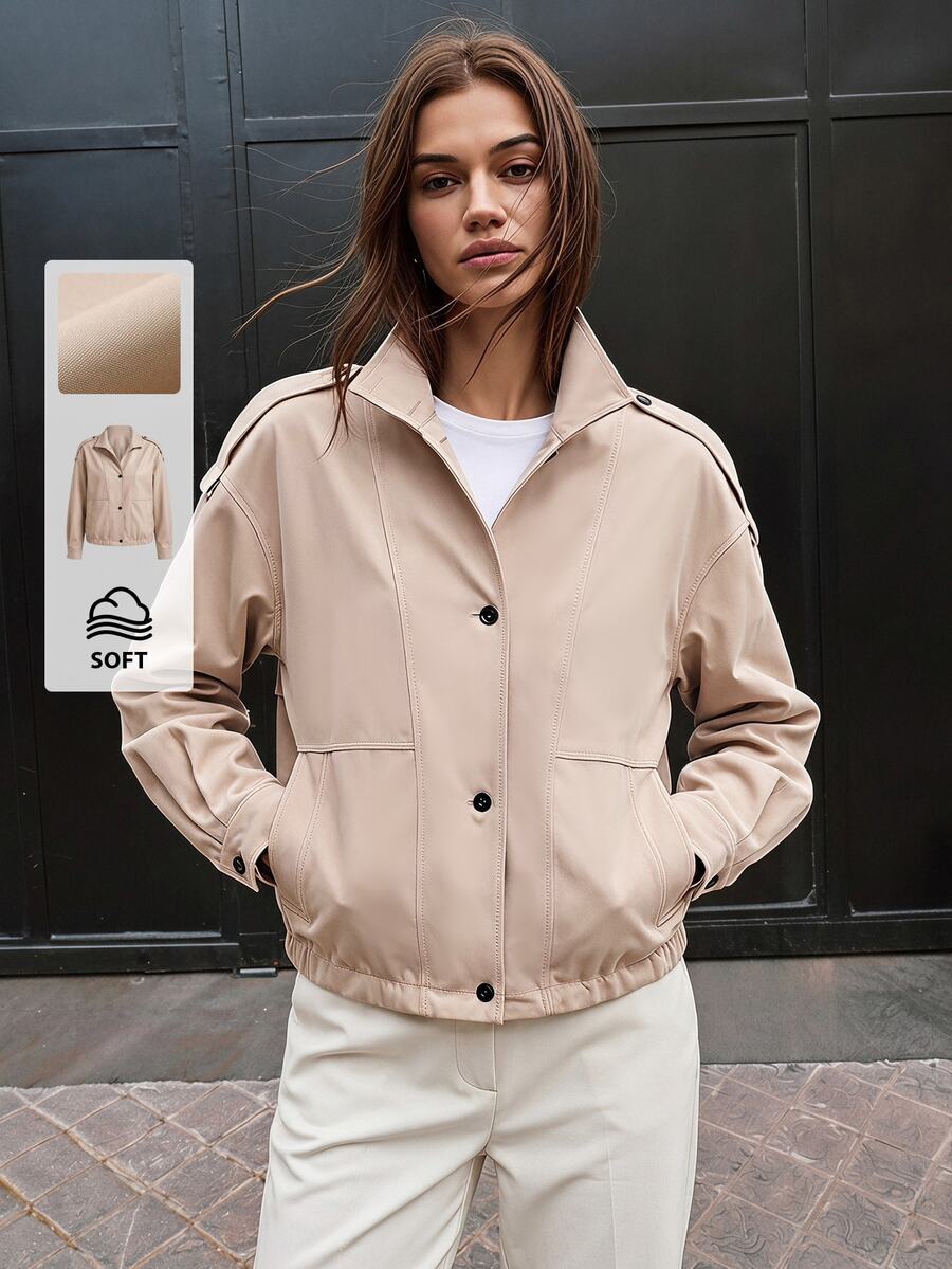 Briarwyn Fall And Winter Beige Stand Collar Shoulder Button Short Loose Casual Jacket With Drawstring Hem Everyday Road Trip Travel Autumn - Khaki - View 1