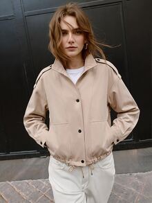Briarwyn Fall And Winter Beige Stand Collar Shoulder Button Short Loose Casual Jacket With Drawstring Hem Everyday Road Trip Travel Autumn - Khaki - View 2