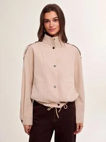 Briarwyn Fall And Winter Beige Stand Collar Shoulder Button Short Loose Casual Jacket With Drawstring Hem Everyday Road Trip Travel Autumn - Khaki - View 9