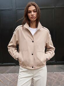 Briarwyn Fall And Winter Beige Stand Collar Shoulder Button Short Loose Casual Jacket With Drawstring Hem Everyday Road Trip Travel Autumn - Khaki - View 8
