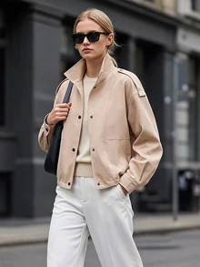Briarwyn Fall And Winter Beige Stand Collar Shoulder Button Short Loose Casual Jacket With Drawstring Hem Everyday Road Trip Travel Autumn - Khaki - View 3