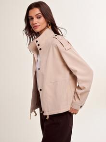 Briarwyn Fall And Winter Beige Stand Collar Shoulder Button Short Loose Casual Jacket With Drawstring Hem Everyday Road Trip Travel Autumn - Khaki - View 5