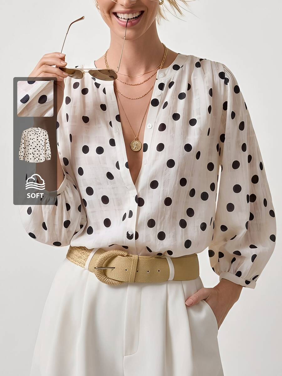 Briarwyn Elegant Women's Polka Dot Sheer Textured Fabric Blouse,Off-White Summer Fashion Button,Office Spring Clothing,Vacation Outfits Women Top