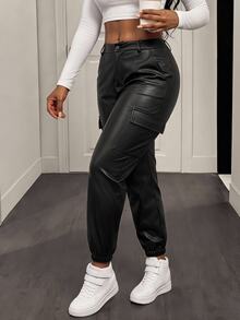 BamGleam Pantalones de trabajo con puño elástico de color sólido - Negro - Ver 5
