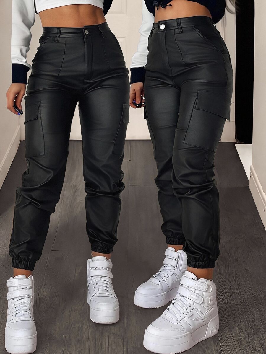 BamGleam Pantalones de trabajo con puño elástico de color sólido - Negro - Ver 1