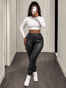 BamGleam Pantalones de trabajo con puño elástico de color sólido - Negro - Ver 4