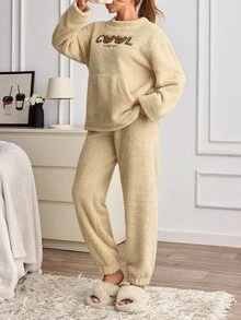SHEIN Cottnline طقم بيجامة من الفرو الناعم بتصميم الدب الأنيق للأبد - بيج - مشاهدة 5