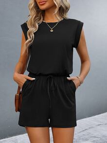 SHEIN Solid Color Sleeveless Cinching Waist Jumpsuit - Black - View 3