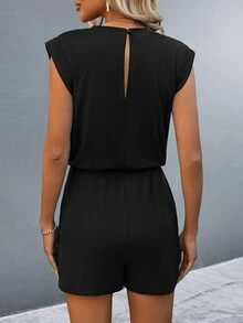 SHEIN Solid Color Sleeveless Cinching Waist Jumpsuit - Black - View 2