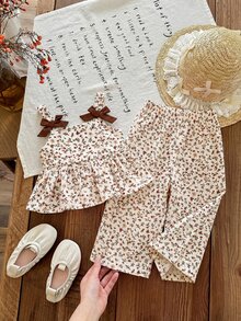 SHEIN 女童圓點編織細肩帶上衣與長褲兩件套 - 紅色 - 查看 6