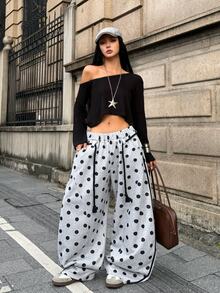 Coolane 女款秋冬四季通用外出休閒運動可愛日常穿搭基礎時尚街頭學院風黑色波點灰色寬鬆寬腿運動長褲 - 灰色 - 查看 6