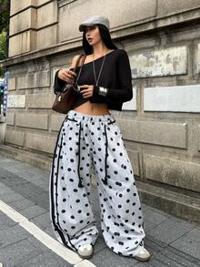 Coolane 女款秋冬四季通用外出休閒運動可愛日常穿搭基礎時尚街頭學院風黑色波點灰色寬鬆寬腿運動長褲 - 灰色 - 查看 4