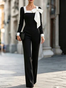 SHEIN Women's Black Contrast Bow Square Neck Knit Jumpsuit, Elegant Wide Leg Outfit For Spring Fall Party Office Wear - Black and White - View 3
