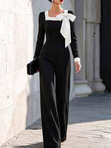 SHEIN Women's Black Contrast Bow Square Neck Knit Jumpsuit, Elegant Wide Leg Outfit For Spring Fall Party Office Wear - Black and White - View 1