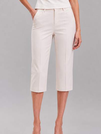 Zerodot Celana Capri Wanita Warna Krem Model Jas Formal Kantor Musim Gugur/Pra-Musim Gugur