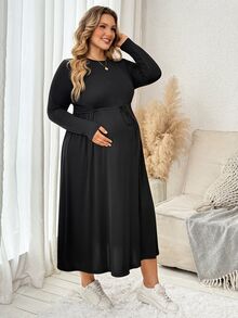 Plussiva Plus Size Maternity Casual Baggy Elegant Solid Color Dress, Autumn Fall Photoshoot Black - Black - View 3