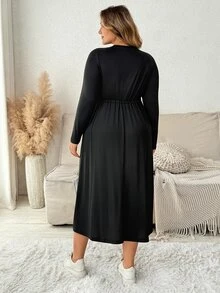 Plussiva Plus Size Maternity Casual Baggy Elegant Solid Color Dress, Autumn Fall Photoshoot Black - Black - View 4