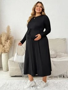 Plussiva Plus Size Maternity Casual Baggy Elegant Solid Color Dress, Autumn Fall Photoshoot Black - Black - View 9