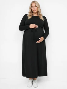 Plussiva Plus Size Maternity Casual Baggy Elegant Solid Color Dress, Autumn Fall Photoshoot Black - Black - View 1